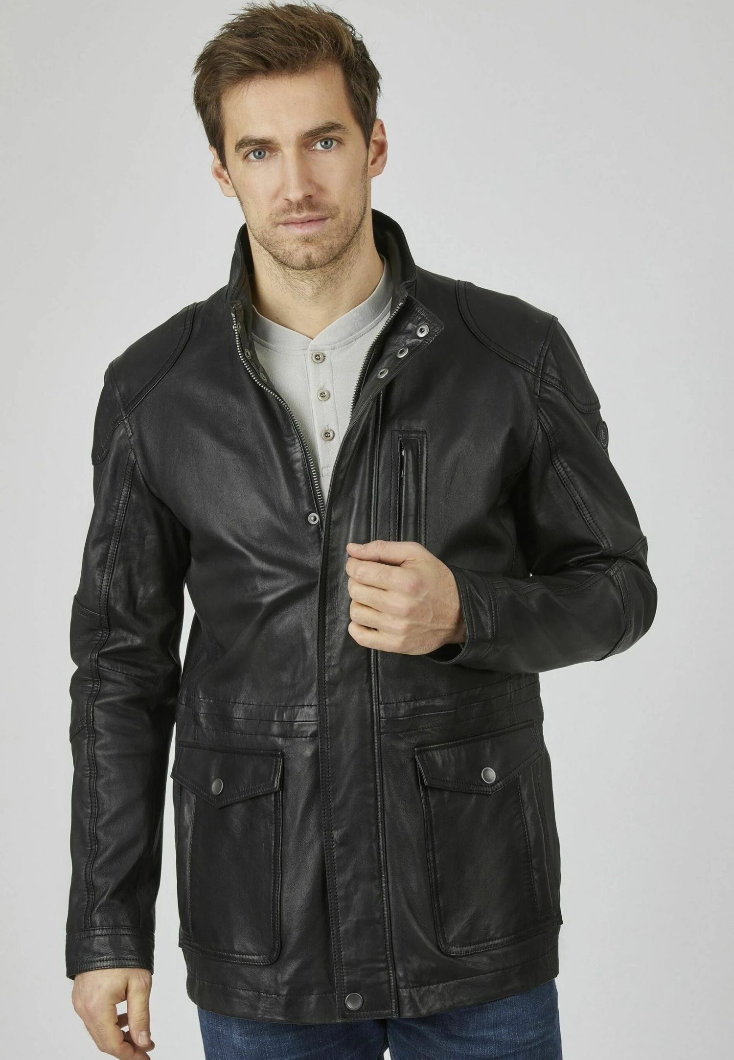 Bugatti Mit Abdeckleiste Und Stehkragen - Leren Jas - Schwarz 3 Bugatti Mit Abdeckleiste Und Stehkragen - Leren Jas - Schwarz