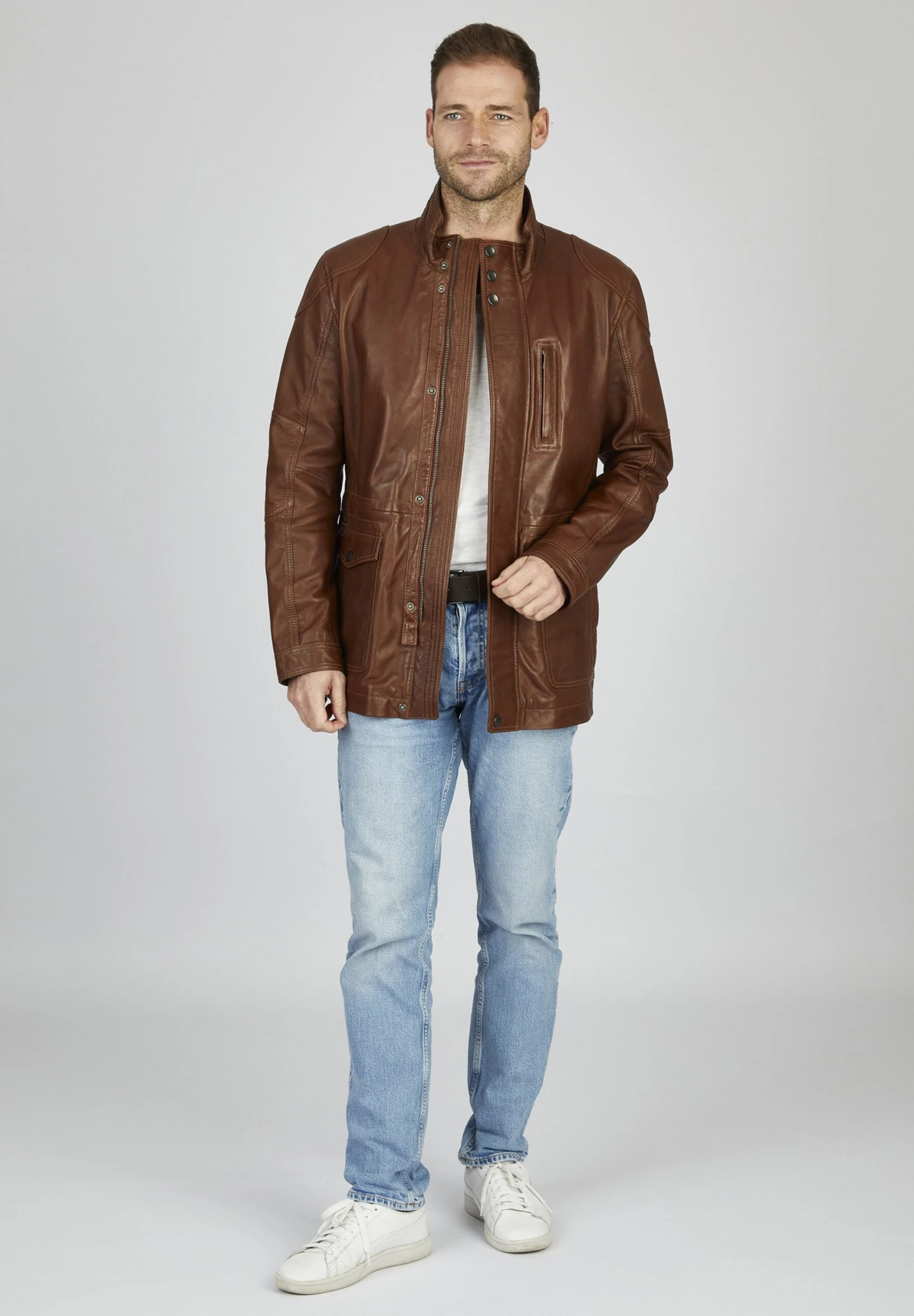 Bugatti Mit Abdeckleiste Und Stehkragen - Leren Jas - Cognac 4 Bugatti Mit Abdeckleiste Und Stehkragen - Leren Jas - Cognac - Afbeelding 2